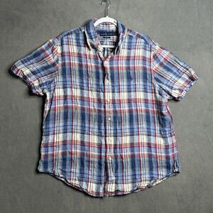 Ralph Lauren Button Down Linen Shirt Men's Size XL Blue Plaid Short Sleeve